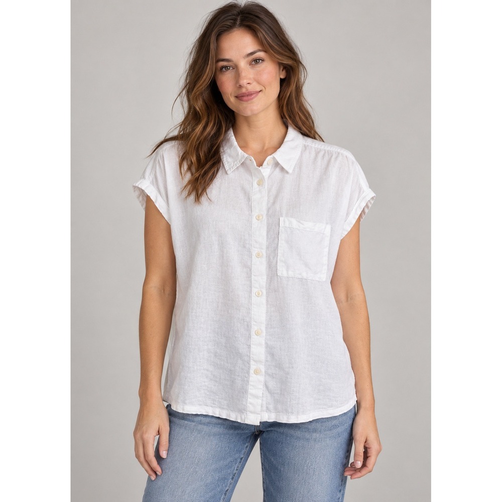 Orvis Linen Blend Button Down Shirt Women M White S sleeve Coastal minimalist